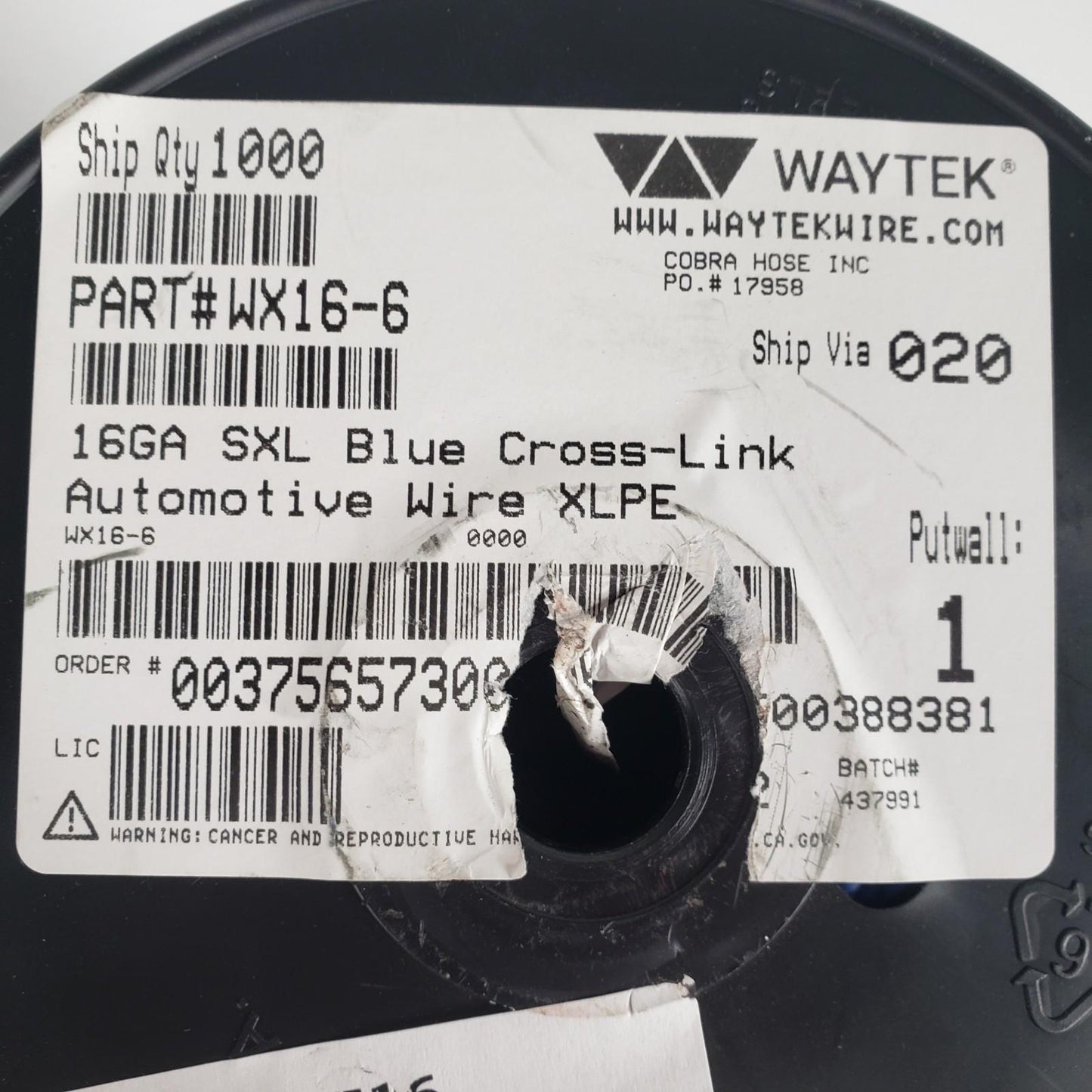 Partial Reel 270ft Waytek WX16-6 SXL Blue Cross-Link Automotive Wire 16GA