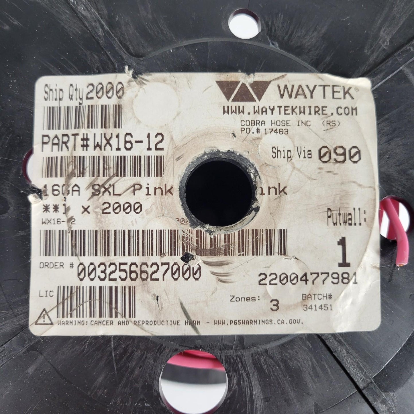 Partial Reel 200ft Waytek WX16-12 SXL Pink Cross-Link Automotive Wire 16GA