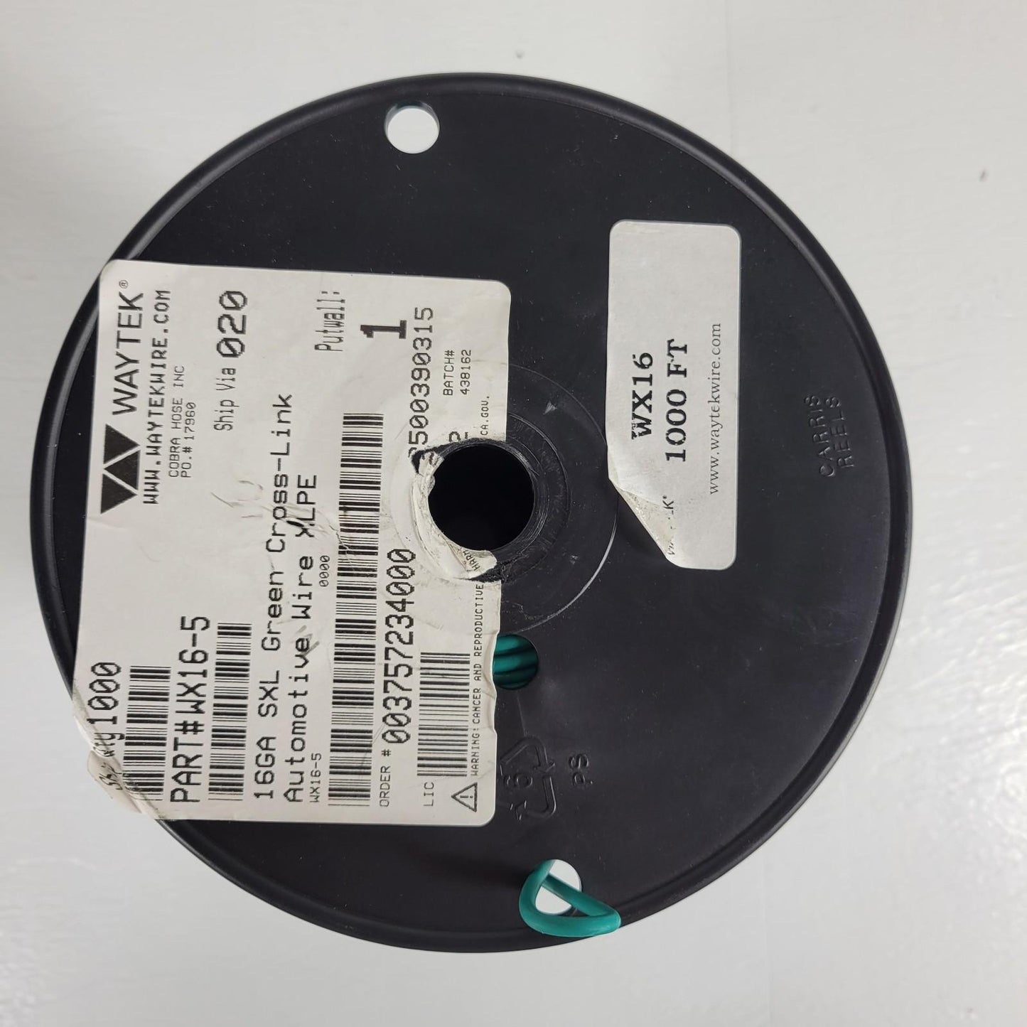 Partial Reel 350ft Waytek WX16-5 SXL Green Cross-Link Automotive Wire 16GA
