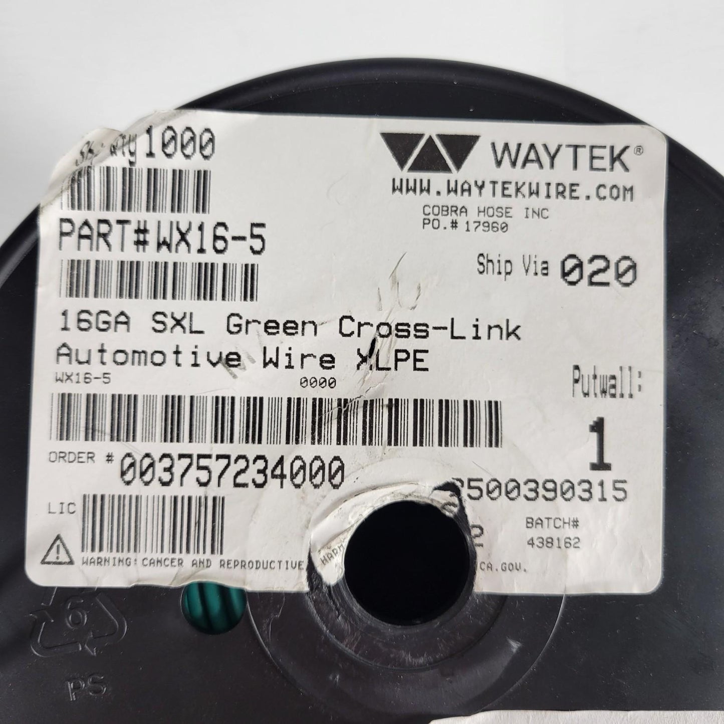 Partial Reel 350ft Waytek WX16-5 SXL Green Cross-Link Automotive Wire 16GA
