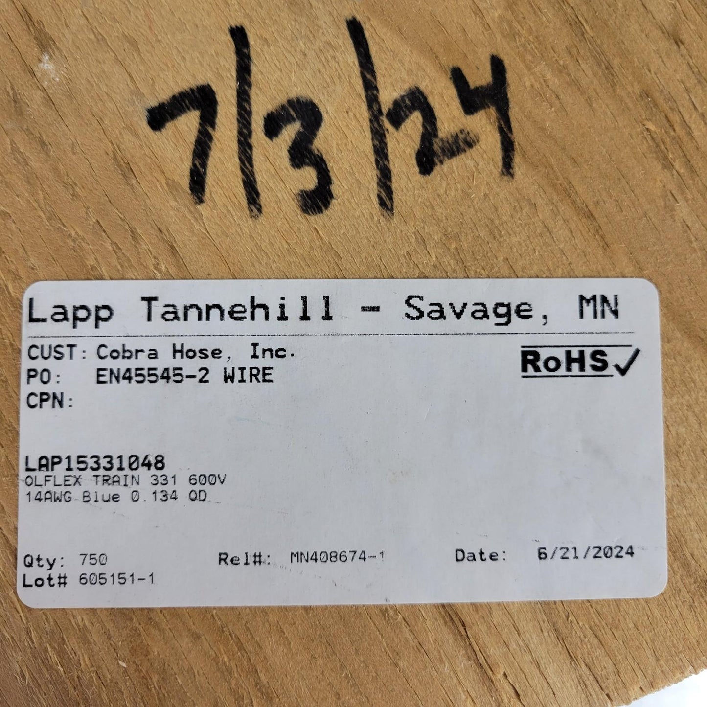 Partial Reel 330ft Lapp Tannehill Lap153311048 OLFLEX Train 331 600V 14AWG Blue