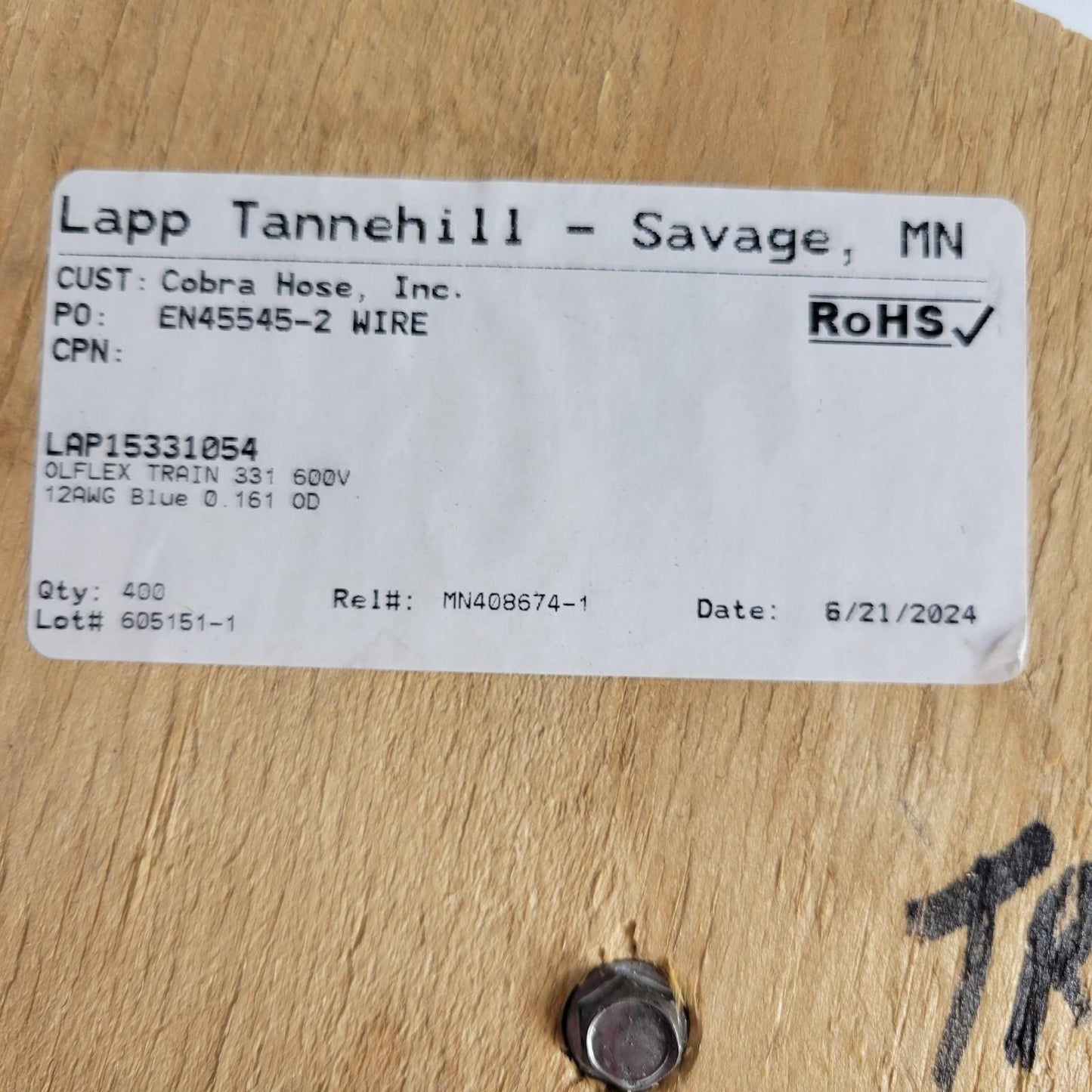 Partial Reel 340ft Lapp Tannehill Lap15331054 OLFLEX Train 331 600V 12AWG Blue