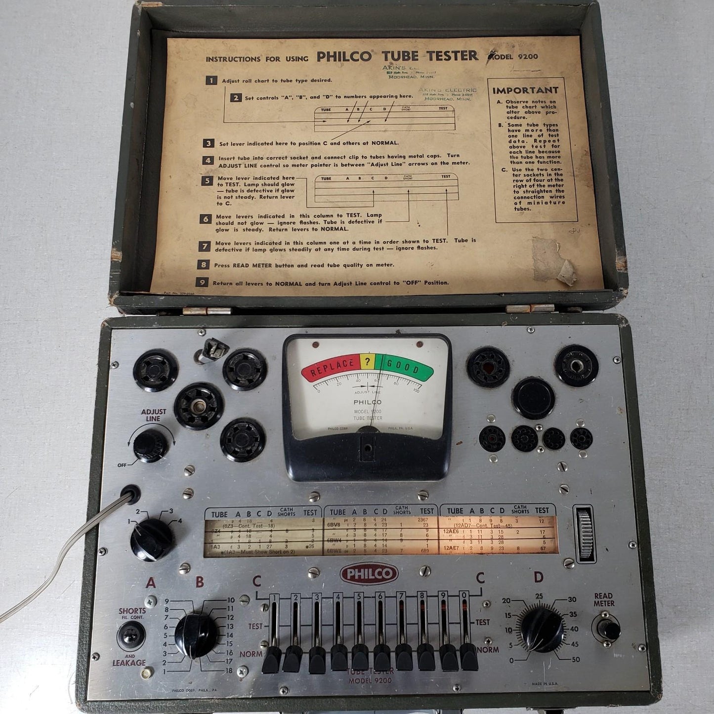 Vintage PHILCO 9200 Vacuum Tube Tester with Original Instructions