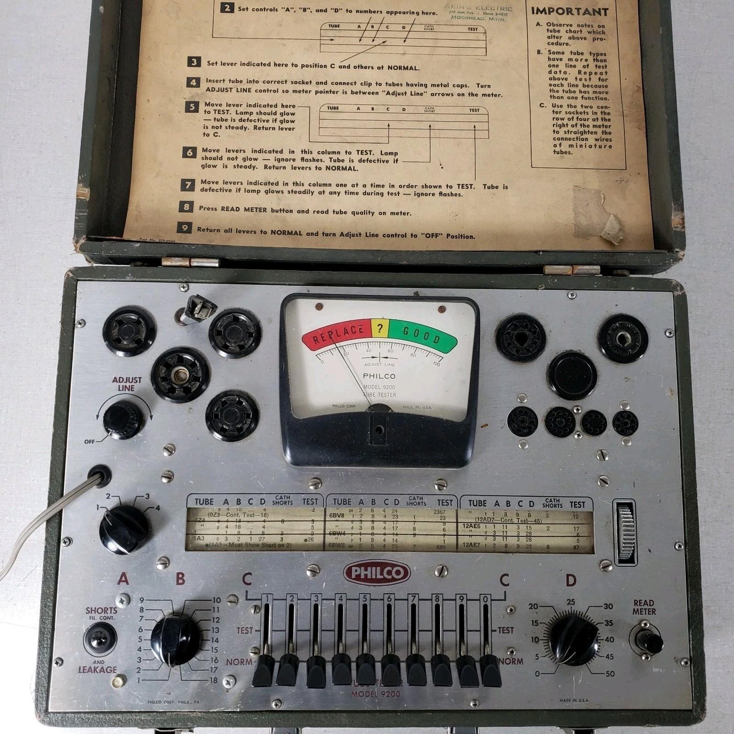 Vintage PHILCO 9200 Vacuum Tube Tester with Original Instructions