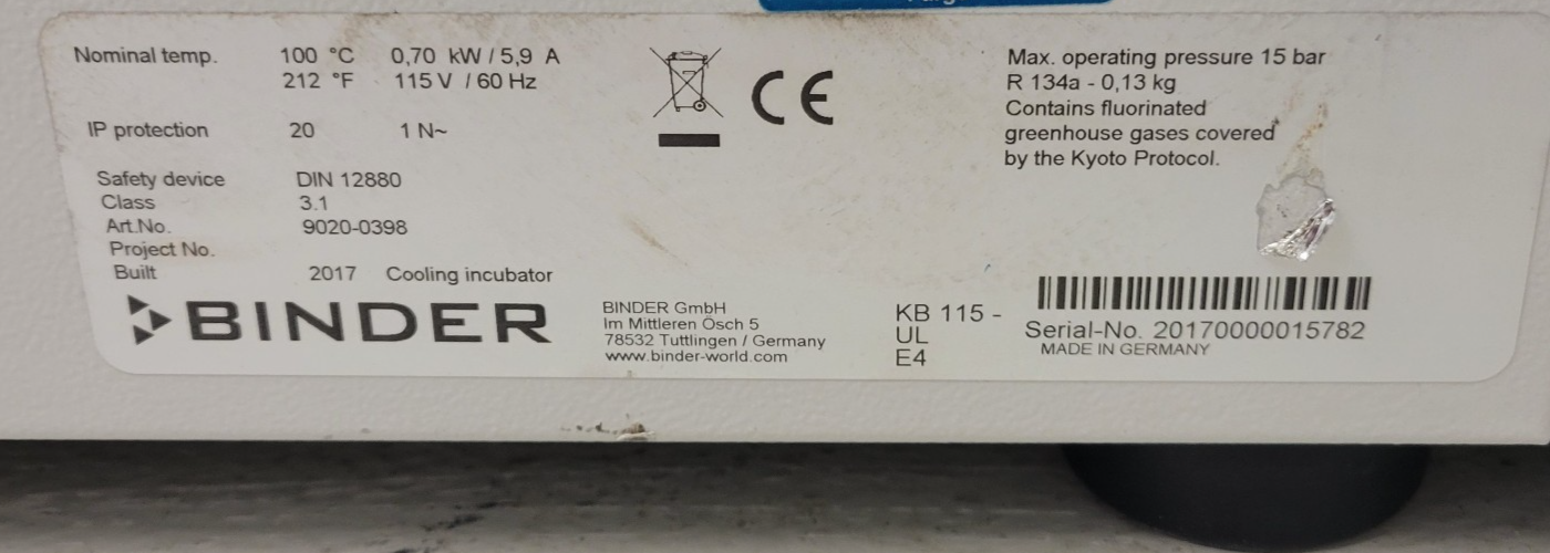 TESTED Binder KB115-UL Refrigerated Incubator 115L -5C to 100C Lab Chamber 4.1Cu