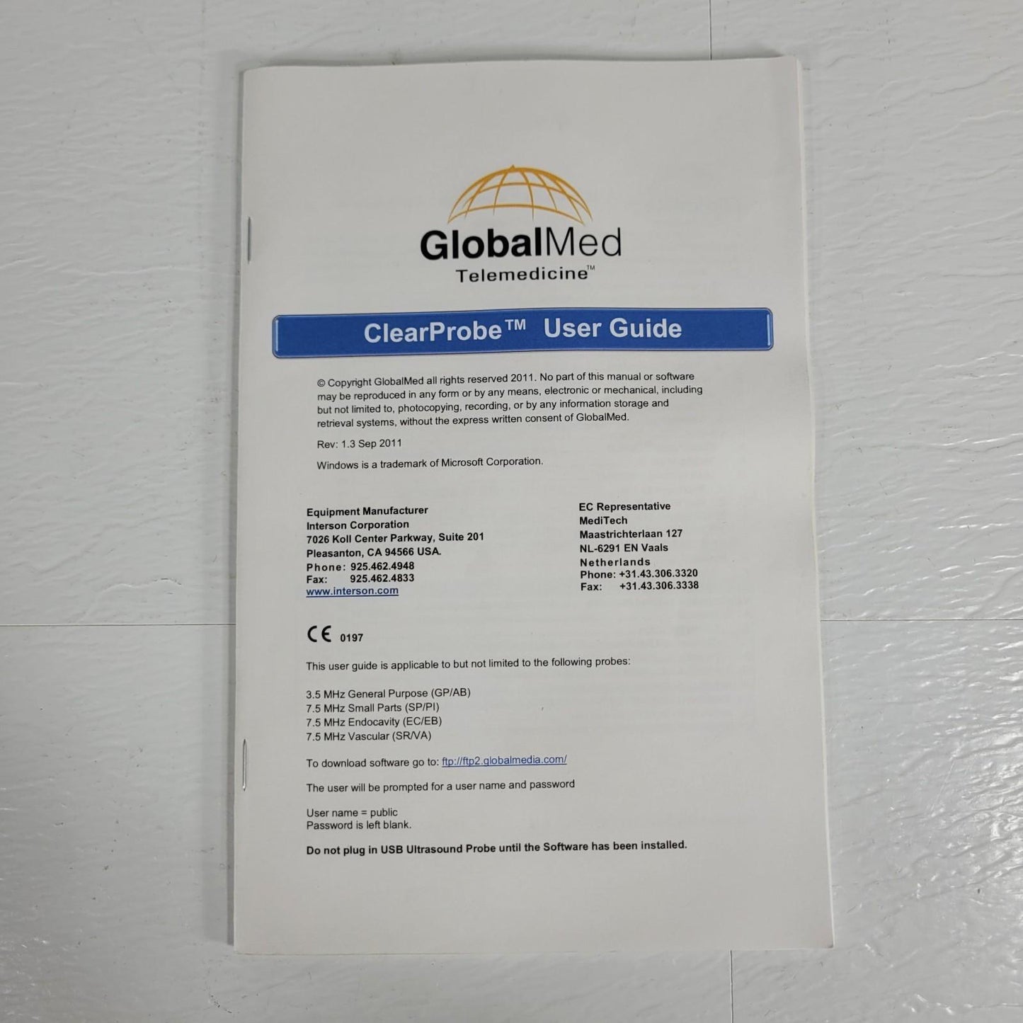 GlobalMed ClearProbe VA USB 7.5MHz Vascular Ultrasound Probe Partial Case