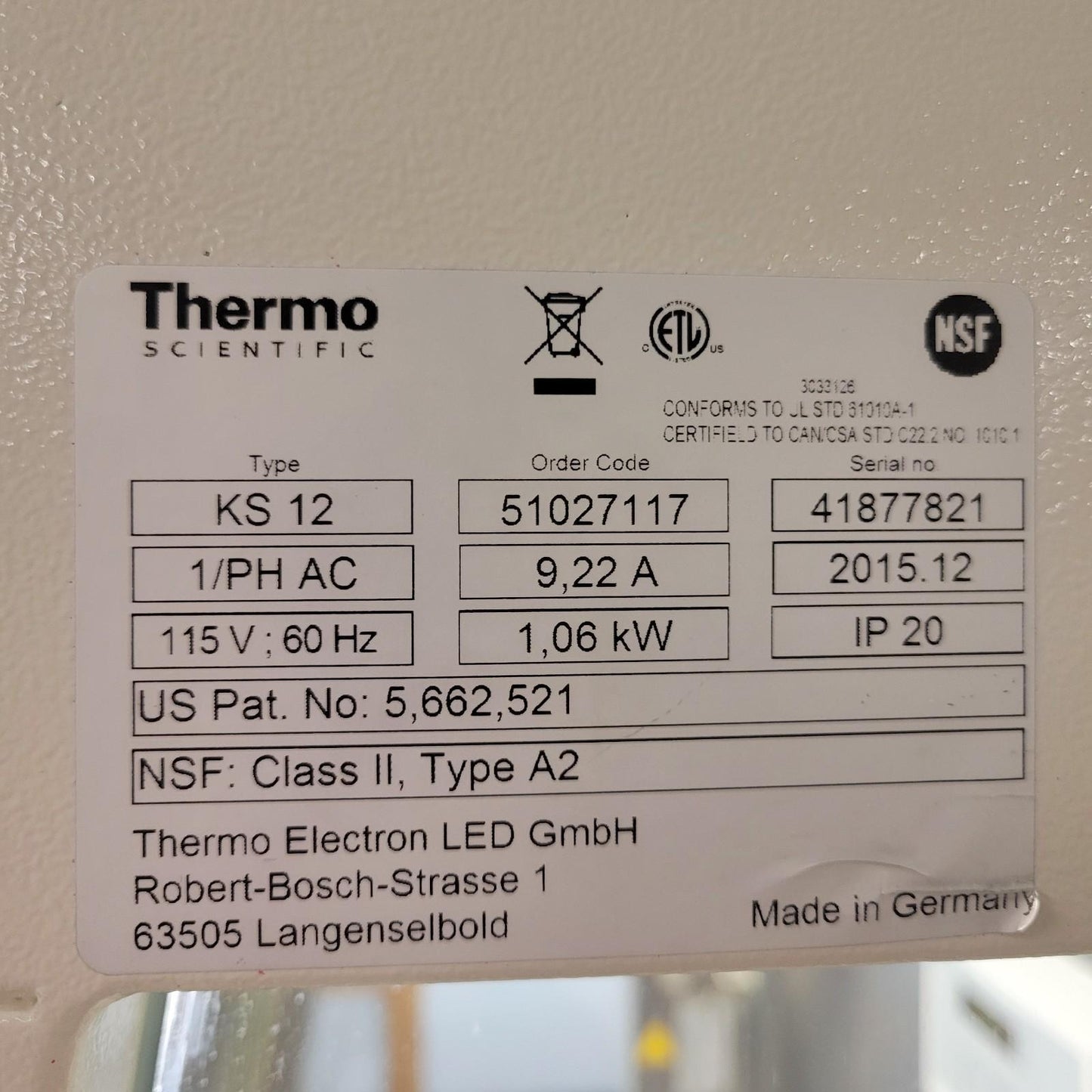 Thermo HERAsafe KS 12 Class II A2 Biological Safety Cabinet 4ft NSF 51027117