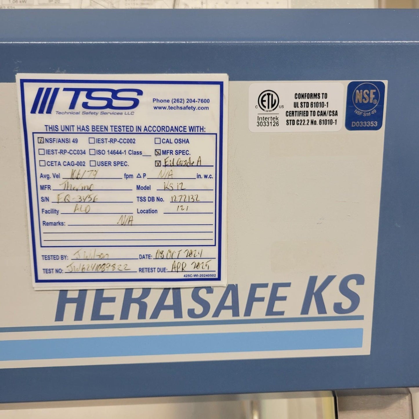 Thermo HERAsafe KS 12 Class II A2 Biological Safety Cabinet 4ft NSF 51027117