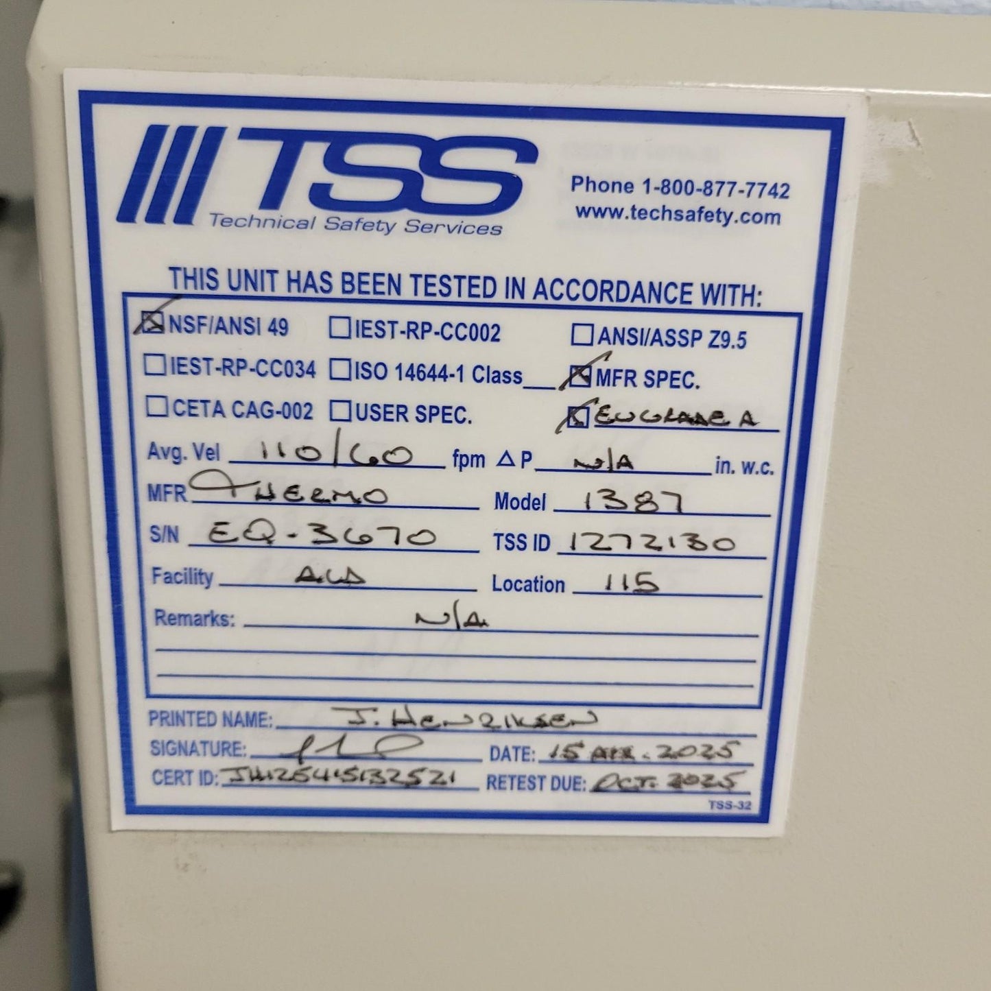 TESTED Thermo Scientific 1300 Series A2 1387 6ft Biosafety Cabinet SmartCoat BSC