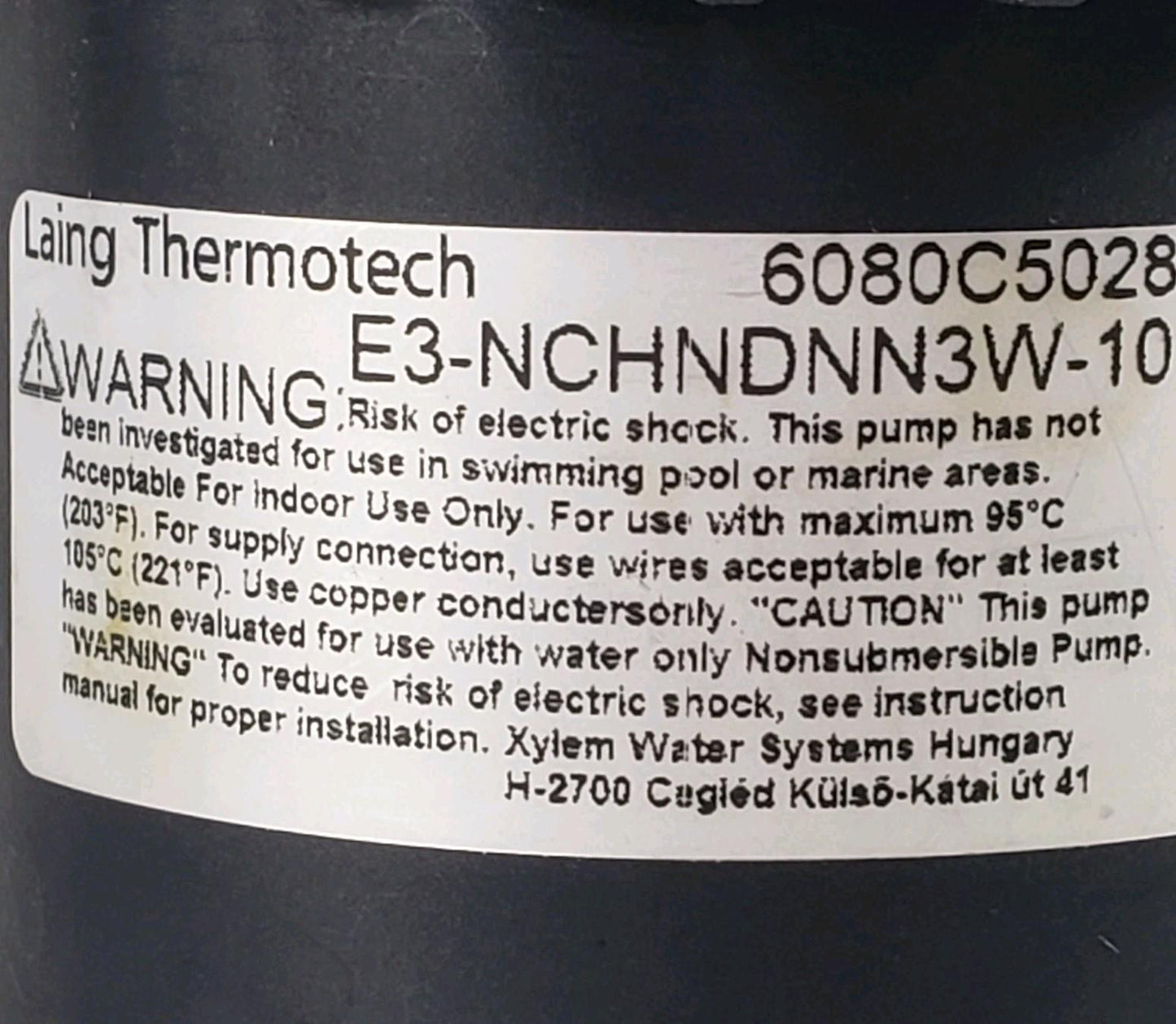 Laing Thermotech E3-NCHNDNN3W-10 Circulation Pump 100-240V 27W 50/60Hz 145 Psi