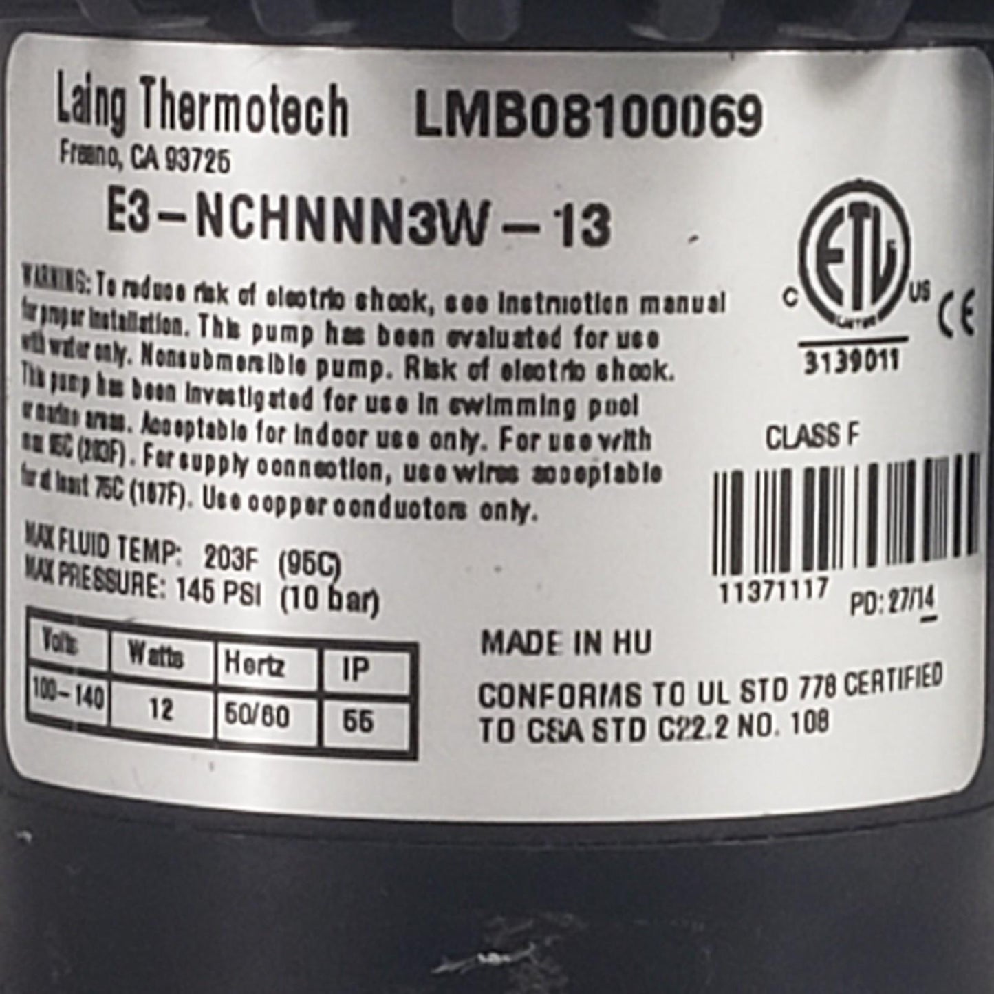 Laing Thermotech E3-NCHNNN3W-13 Circulating Water Pump 100-140V 12W