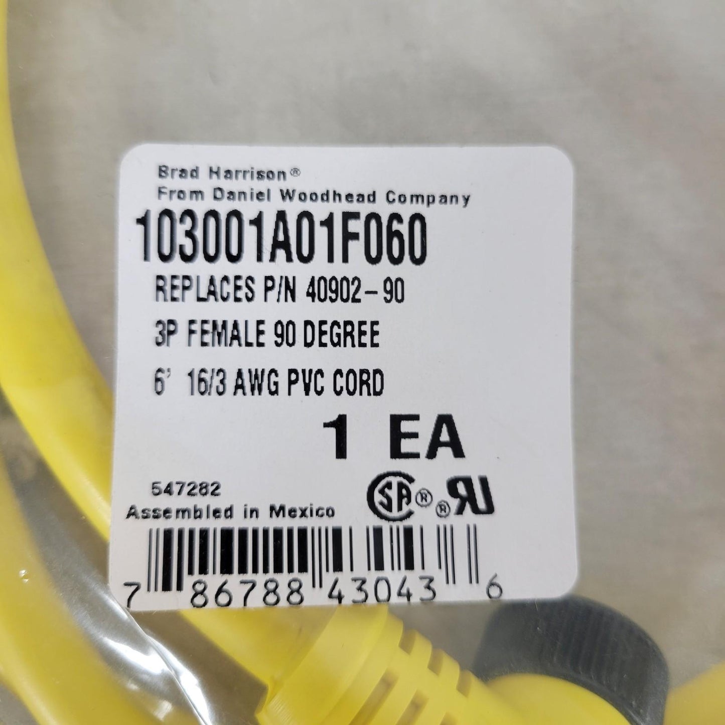 Molex Woodhead 103001A01F060 40902-90 3P Female 90 Degree 6' 16/3 AWG PVC Cord