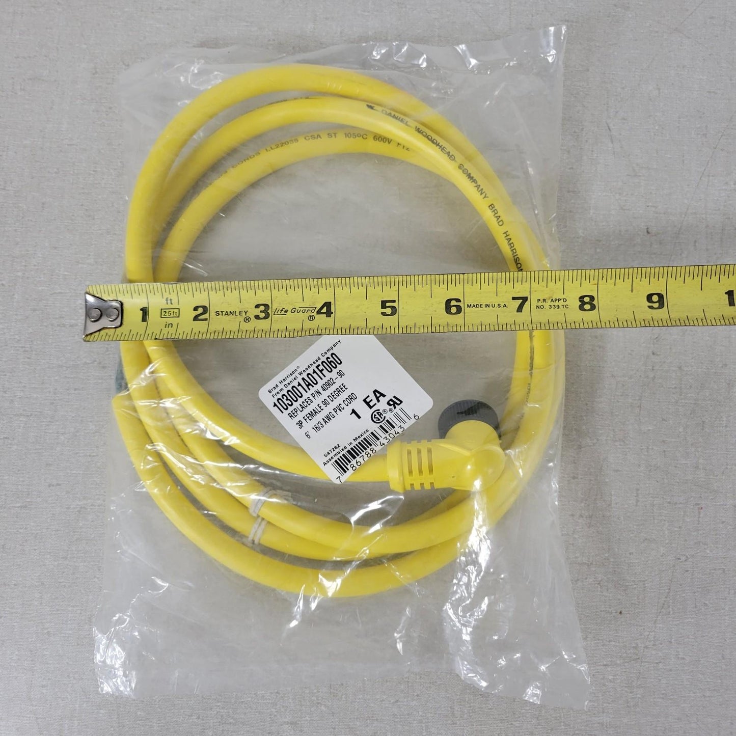 Molex Woodhead 103001A01F060 40902-90 3P Female 90 Degree 6' 16/3 AWG PVC Cord
