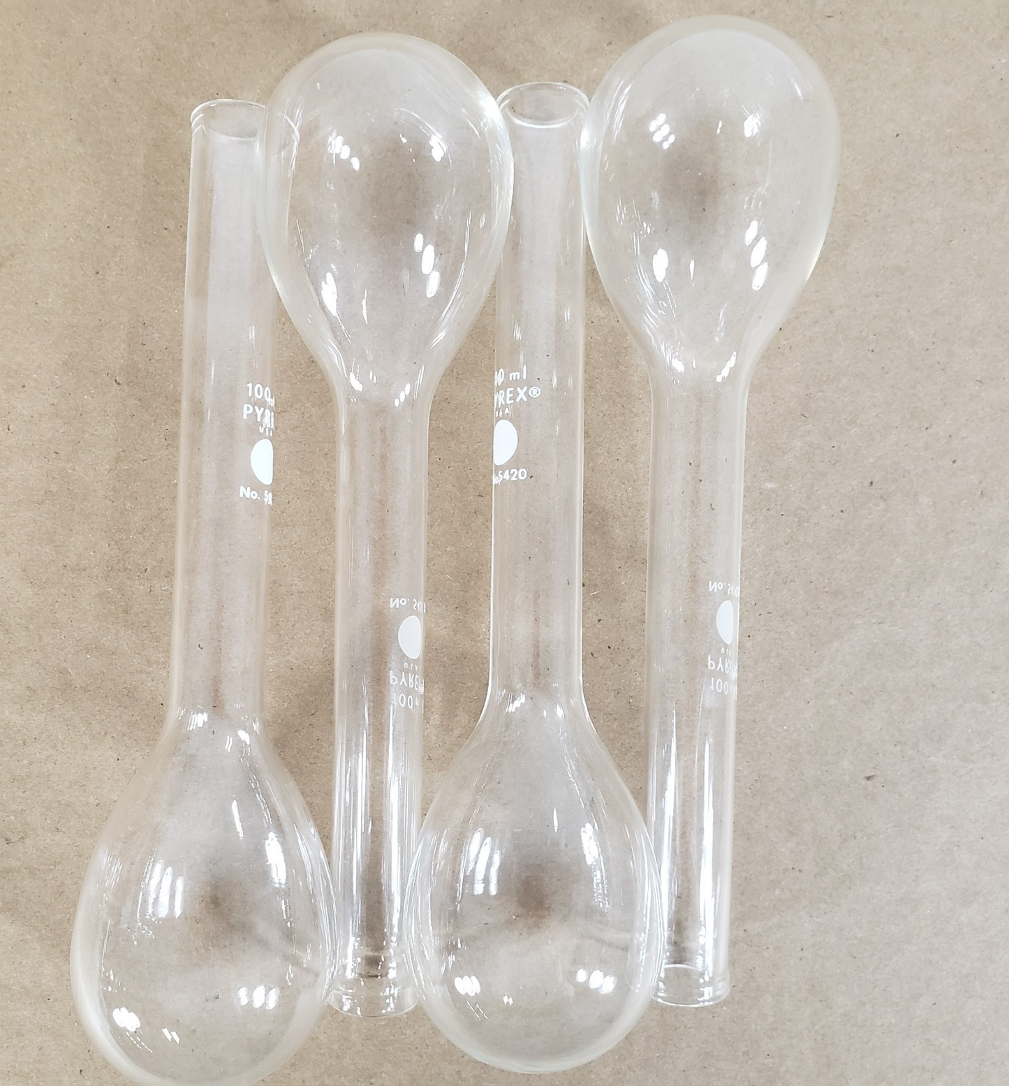 Lot of 4 Corning 5420-100 PYREX 100mL Long Neck Kjeldahl Flasks Round Bottom