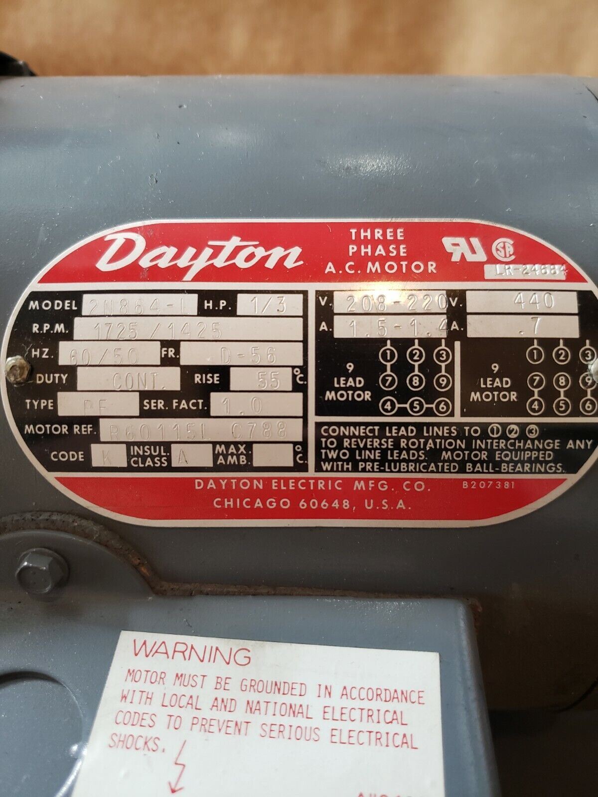 Dayton 2N864-1 Three Phase Motor 1/3 HP 1725 RPM 208-220V 440V