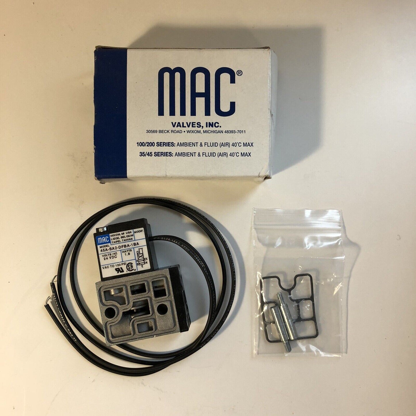 Mac Valves 45A-SA2-DFBA-1BA Solenoid Valve 24 VDC 1.8 Watts VAC to 120 PSI