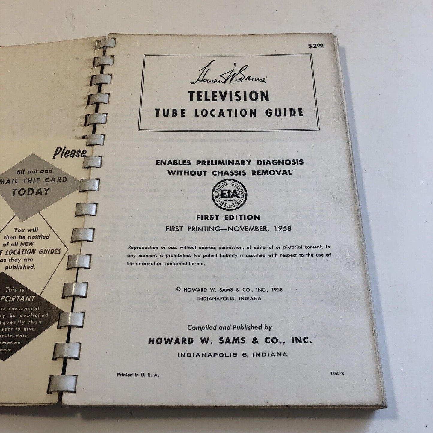 Vintage Howard W. Sams Television Tube Location Guide, 1958 First Edition