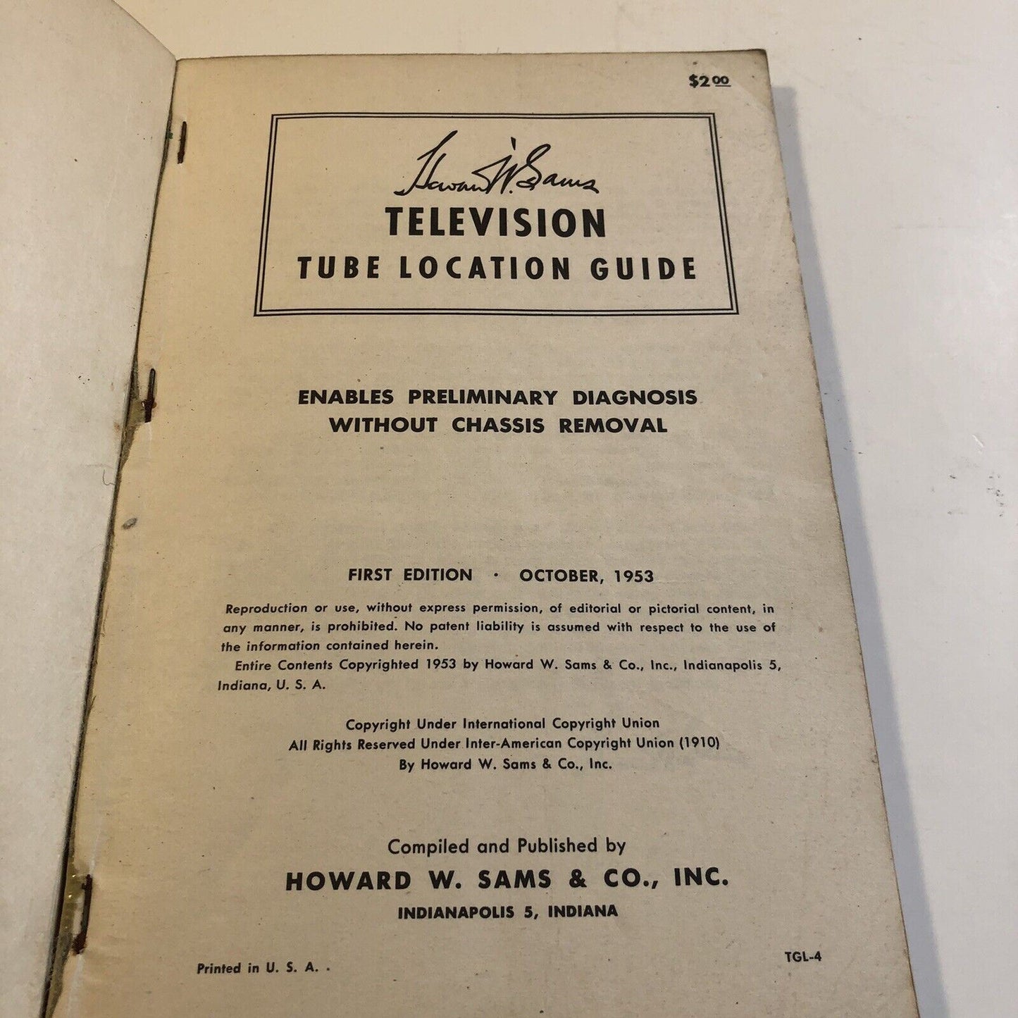 Television Tube Location Guide 1953 Howard W. Sams TGL-4 TV Repairs, 1st Edition