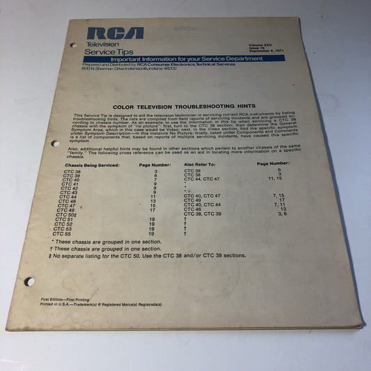 Vintage RCA Television Service Tips Volume XXII Issue 16 1971 Manual