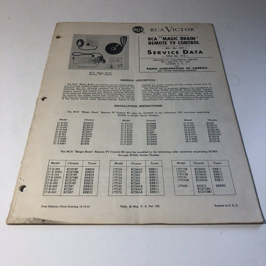 Vintage RCA Victor 1955 Service Data Manual “Magic Brain” Remote TV Control