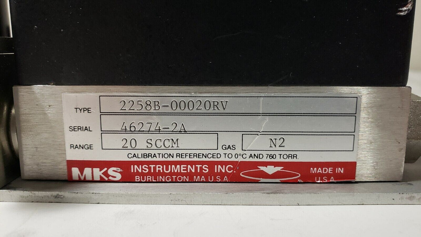 MKS 20 SCCM N2 Mass Flow Controller 2258B-0020RV MFC 1/4" MVCR Fitting