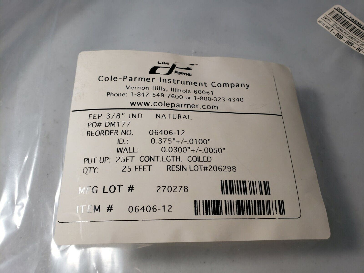 Cole-Parmer 06406-12 MasterFlex Transfer Tubing FEP 3/8" IND Natural 25 Feet