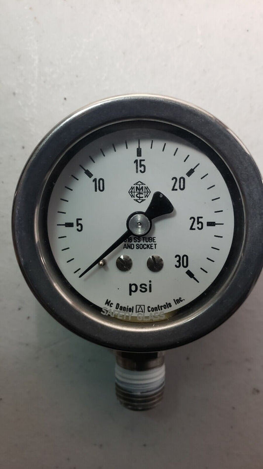 McDaniel Controls 0-30PSI Gauge 316SS Tube and Socket 2" Face - Used