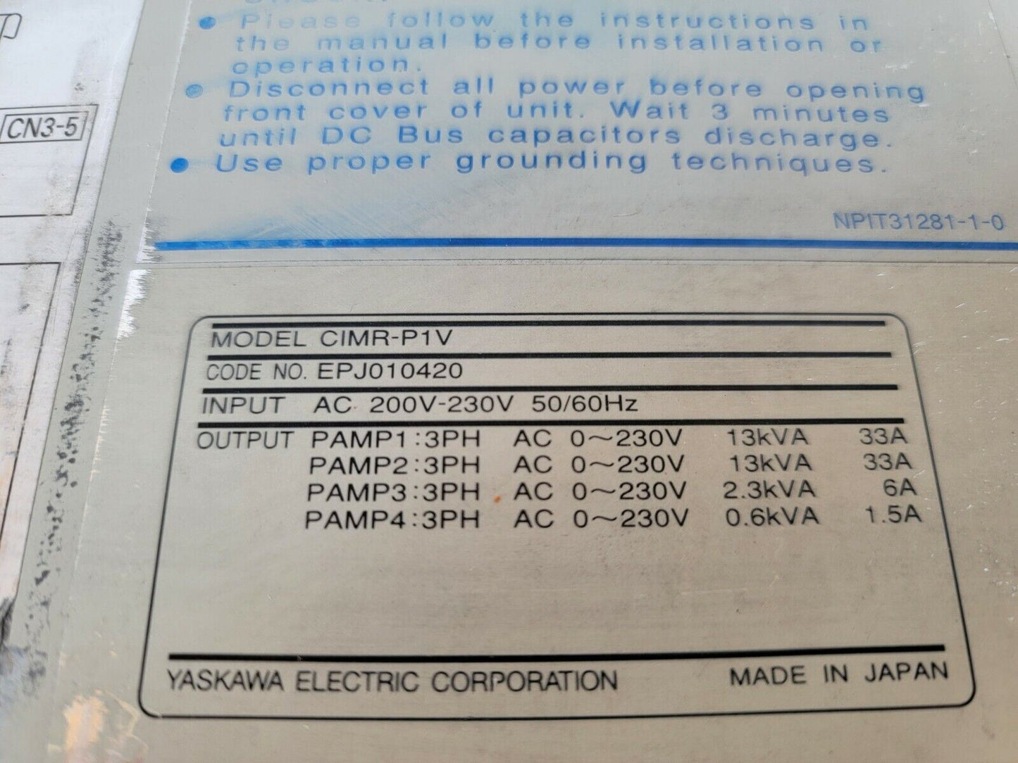 Yaskawa CIMR-P1V Variable Frequency Drive Code EPJ010420 200V 50/60Hz VFD