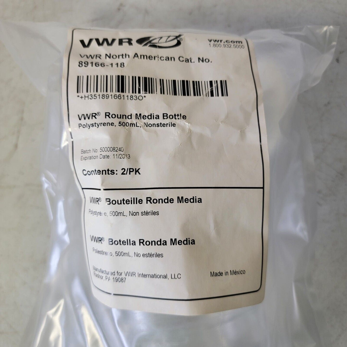 VWR 500mL Round Media Bottle Polystyrene, Nonsterile 89166-118