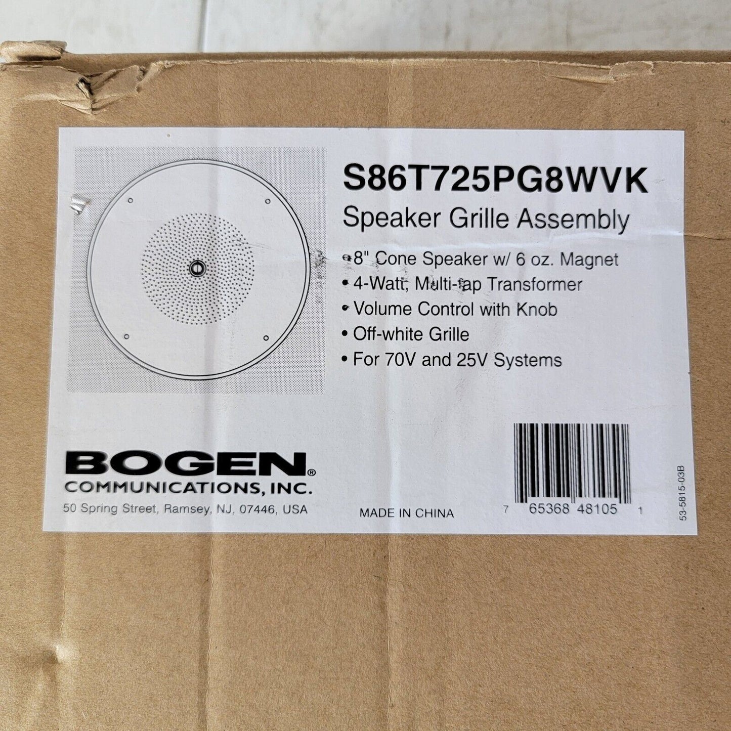 Bogen S86T725PG8WVK Ceiling Speaker + Grill Assembly, Transformer, Volume Knob