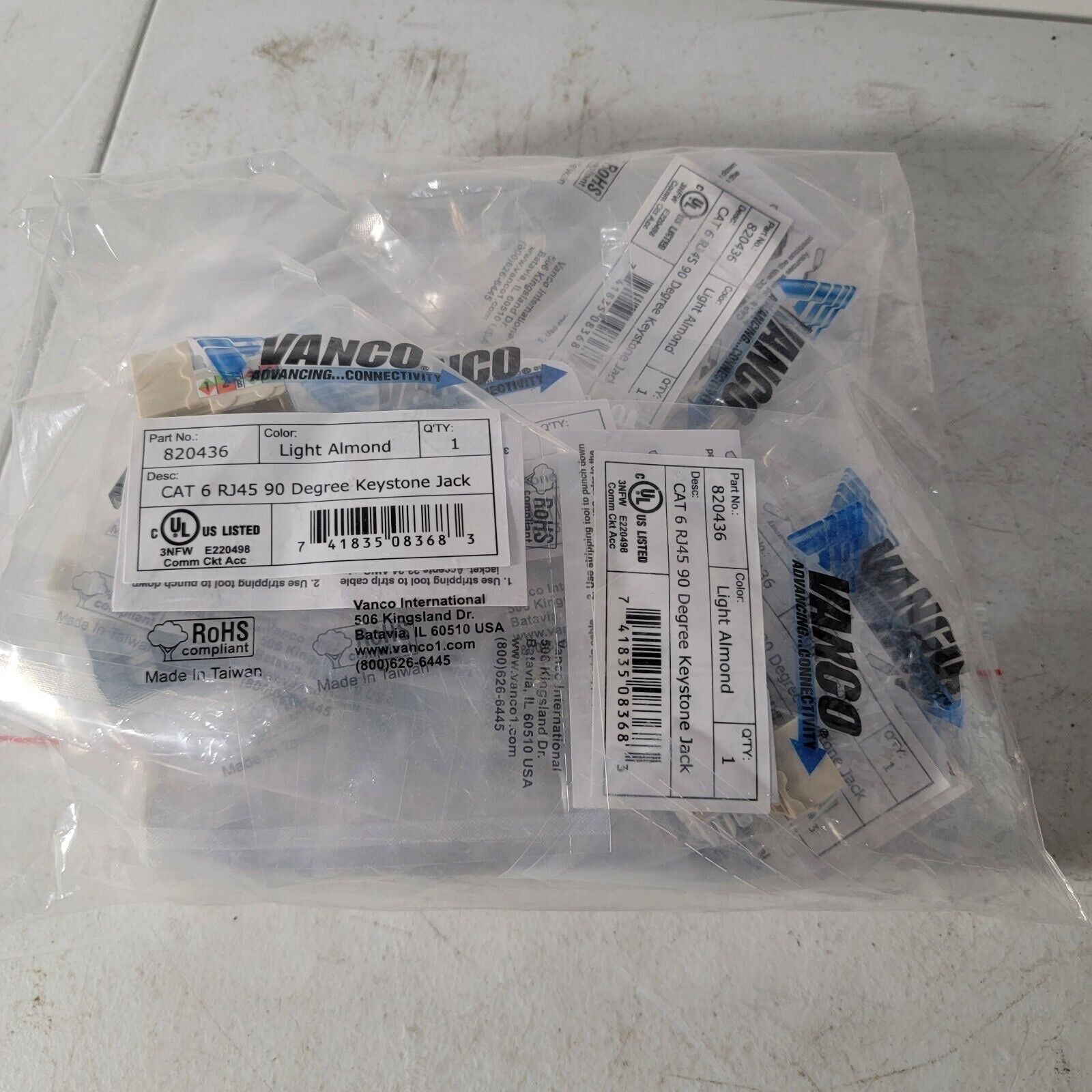 *Pack of 10* Vanco 820436 Cat 6 RJ45 Degree Keystone Jack, Light Almon ...