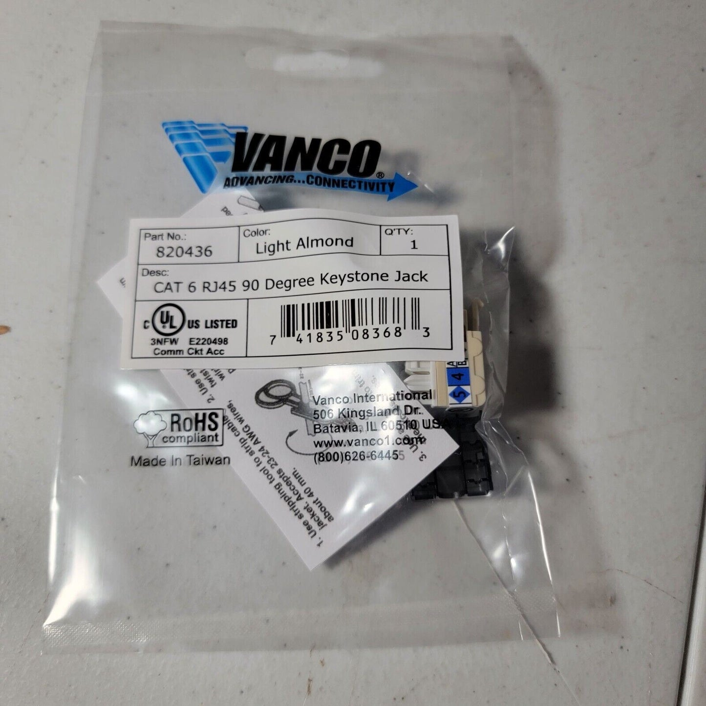 *Pack of 10* Vanco 820436 Cat 6 RJ45 Degree Keystone Jack, Light Almond