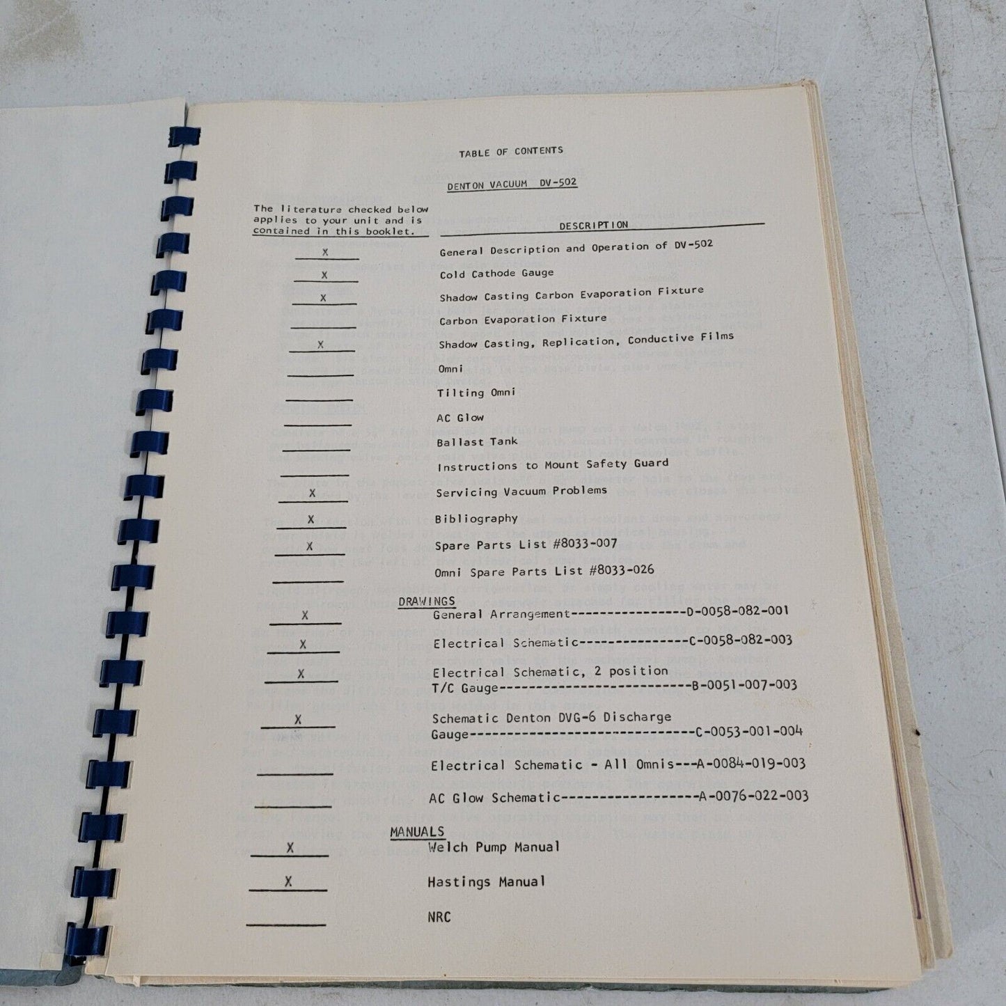 Denton Vacuum DV-502 Vapor Deposition Manual Operating Instructions w/ Schematic