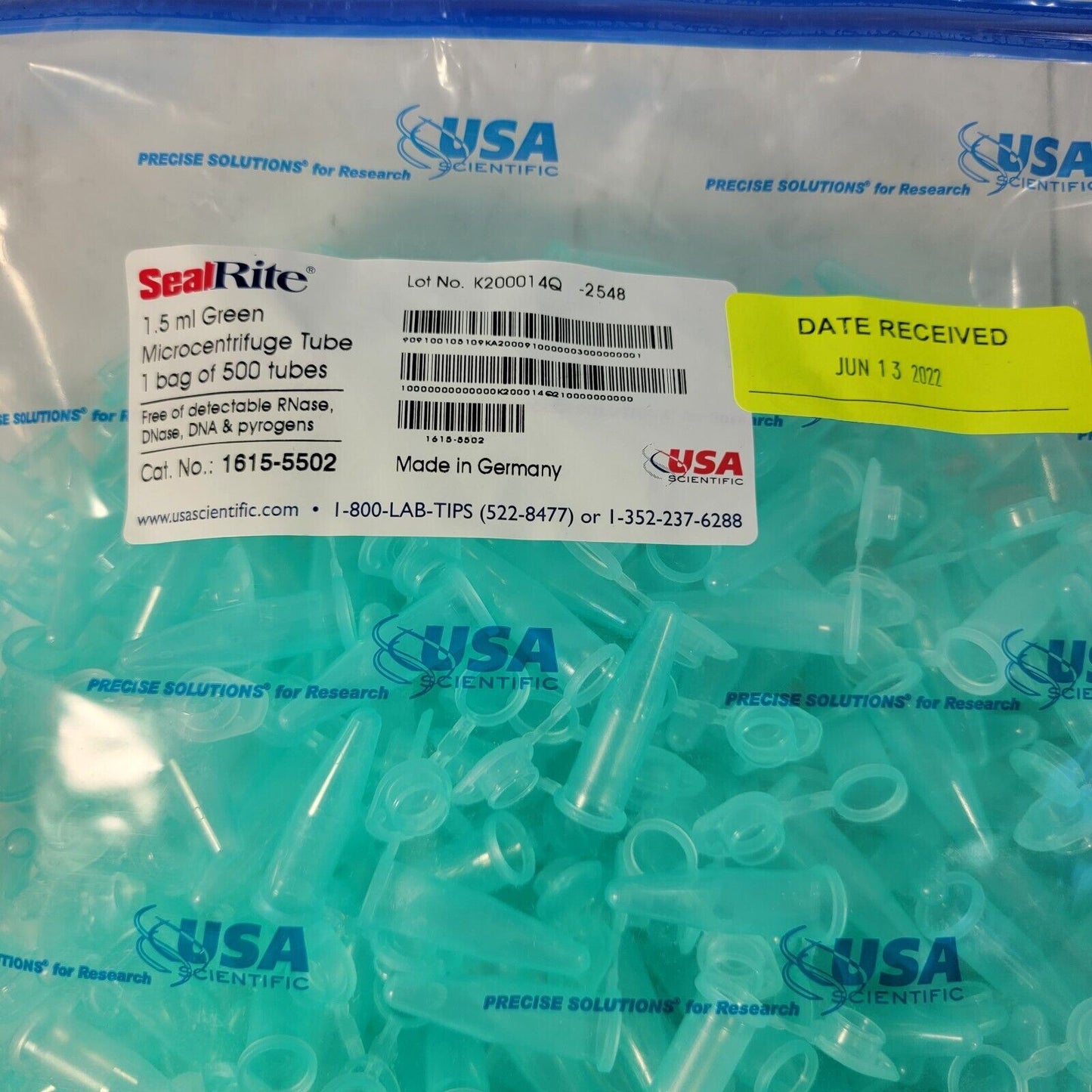 *Bag of 500* USA Scientific SealRite 1.5mL Green Microcentrifuge Tubes 1615-5502