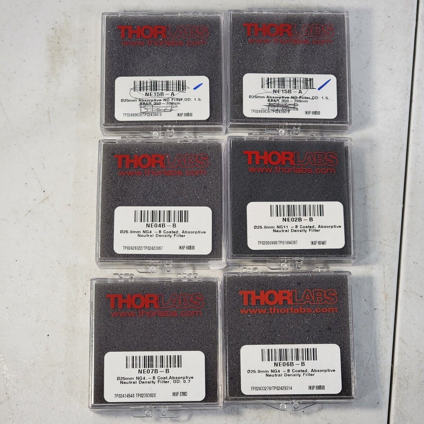 6x ThorLabs ND Neutral Filter Set NE02B-B, NE04B-B, NE06B-B, NE07B-B, NE15B-B