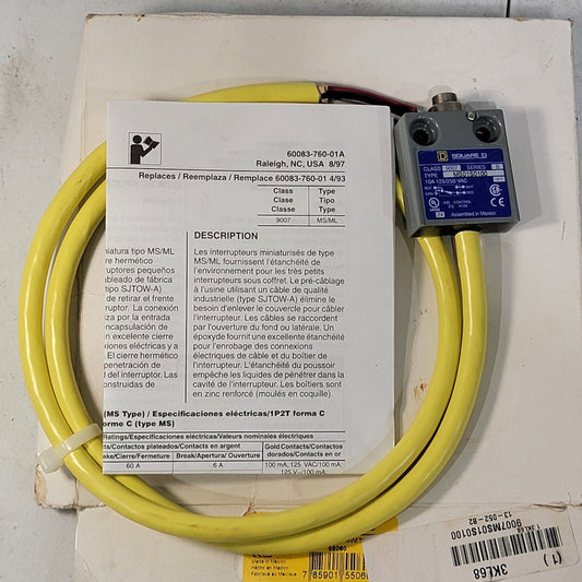 Square D 9007MS Miniature Limit Switch MS01S010621 Series B, 3' Cable
