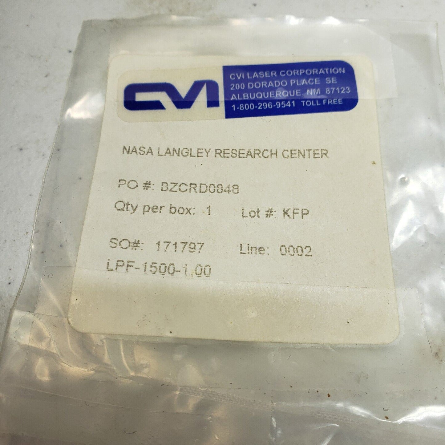 CVI Laser Corporation Lowpass Filter NIR Infrared 1500nm LPF-1500-1.00 1" OD