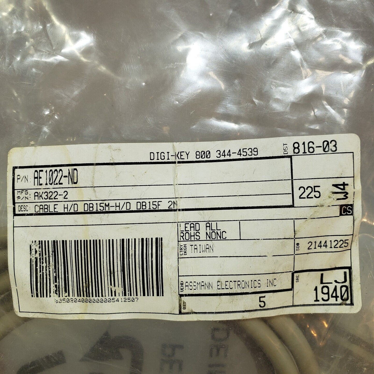 Cable H/D DB15F DB15M 2M Assmann Electronics Inc AK322-2