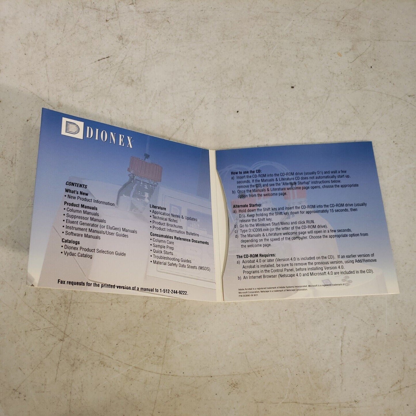 Dionex Consumables/Instrumentation Manuals And Literature CD-ROM August 2001