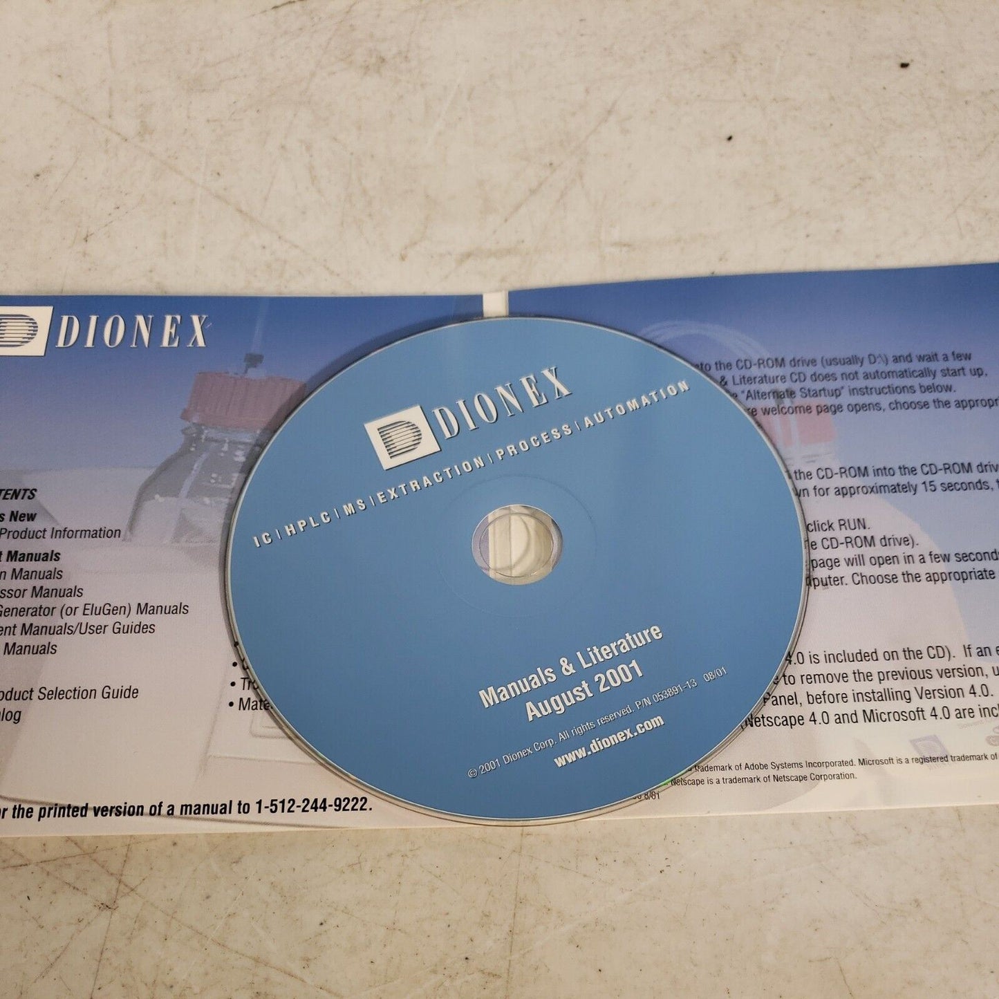 Dionex Consumables/Instrumentation Manuals And Literature CD-ROM August 2001