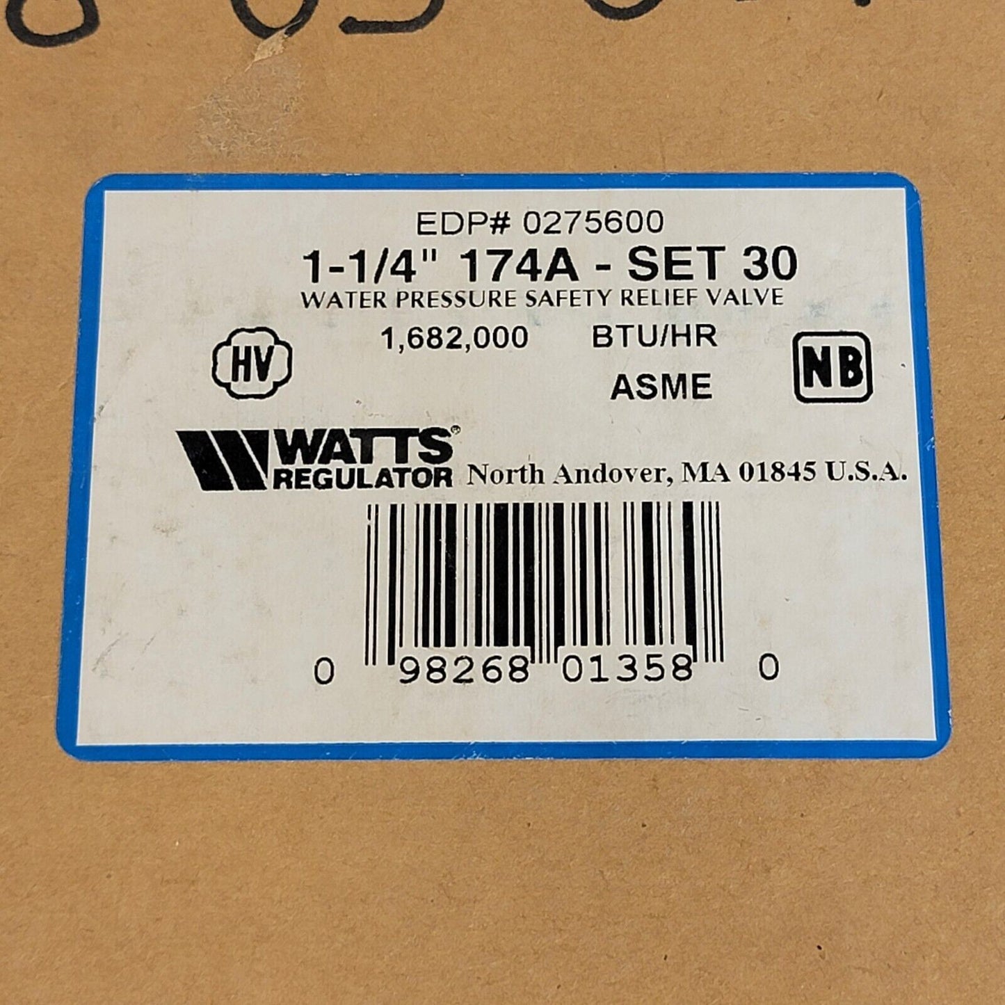 WATTS 1-1/4" 174A-030 Pressure Safety Relief Valve, Model M1, 30 PSI, 0275600