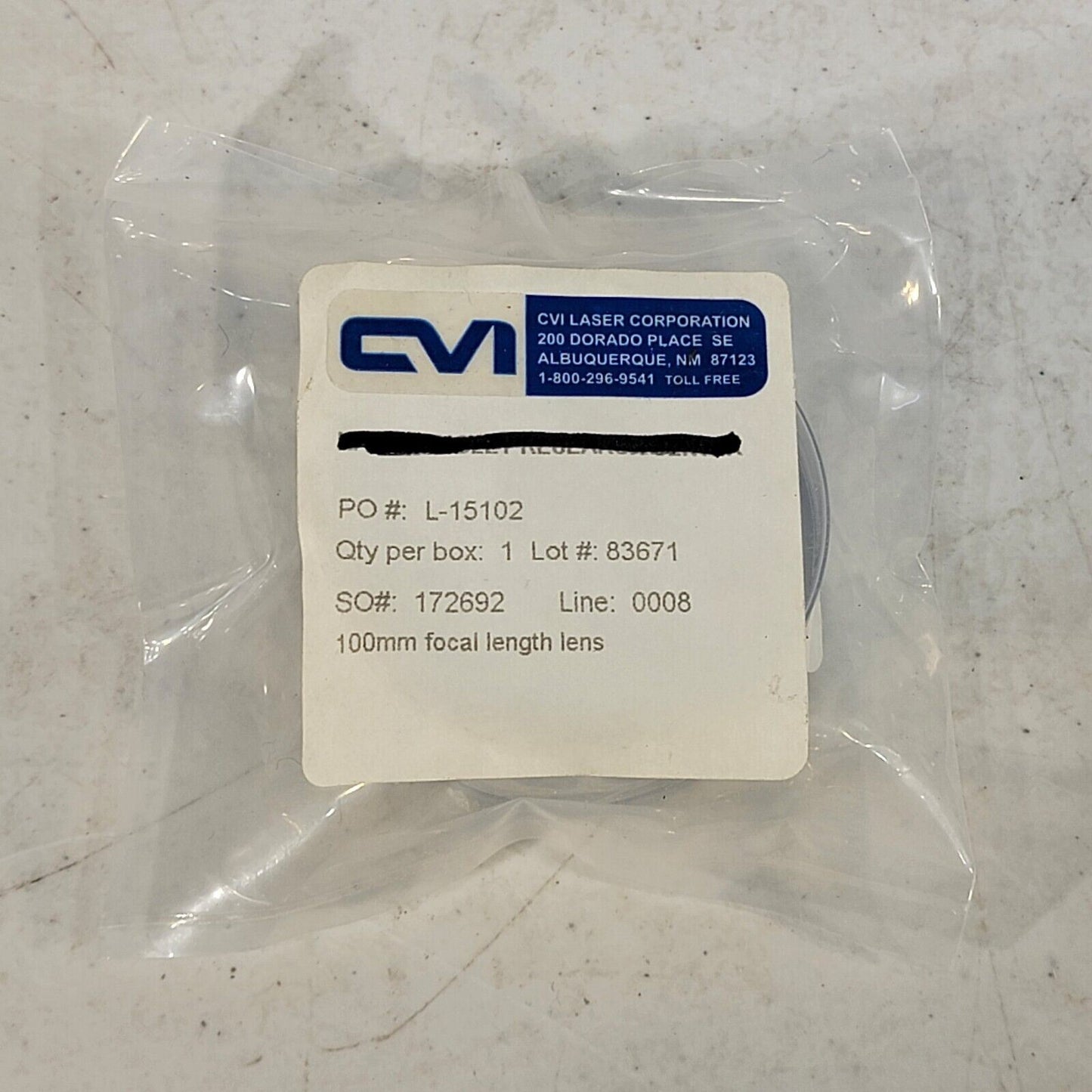 CVI Laser Corporation 100mm Focal Length Lens 1" OD