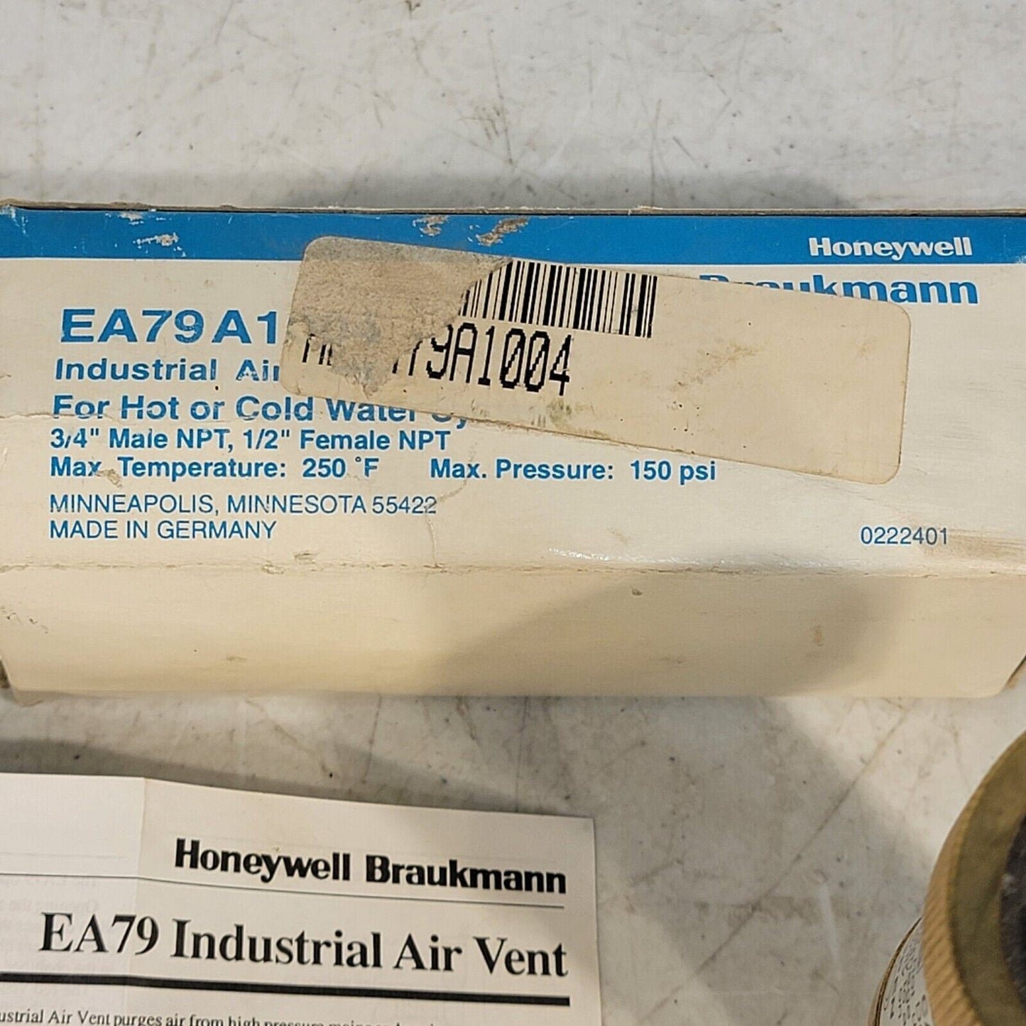 Honeywell EA79A1004 Industrial Air Vent W/ Shut Off 3/4" MNPT & 1/2" FNPT 150PSI