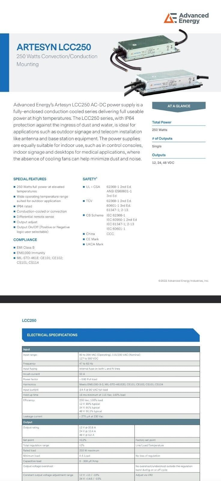Advanced Artesyn LCC250-24U-4P Enclosed AC DC Power Supply Converter 24v 250w