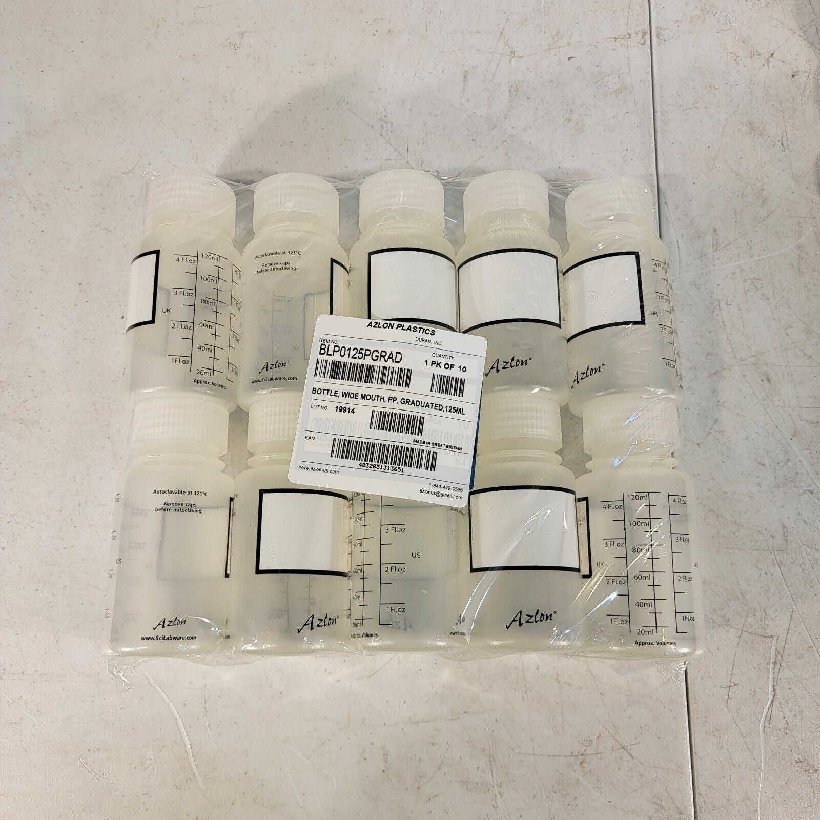 Azlon BLP0125PGRAD Wide Mouth PP Graduated Bottle 125 mL Pack of 10 ...