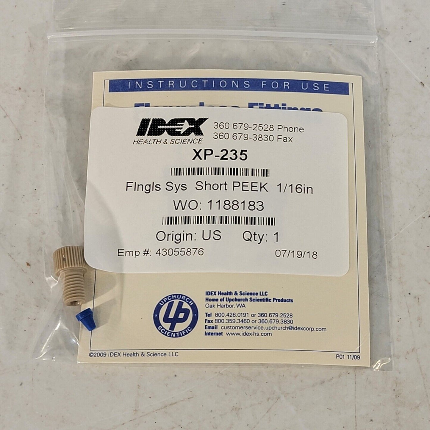 IDEX XP-235 Flangeless PEEK Fitting 1/16" Short Head