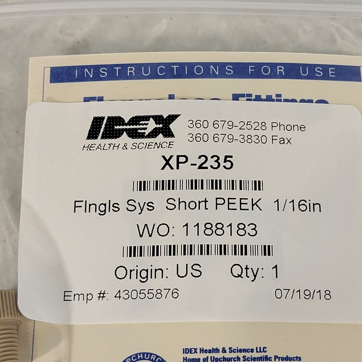 IDEX XP-235 Flangeless PEEK Fitting 1/16" Short Head