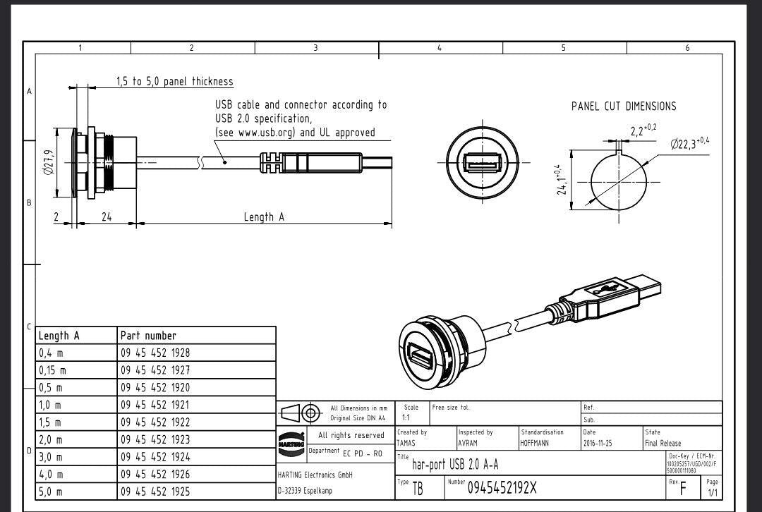 Harting Har-Port USB 2.0 A-A PFT Cable 09454521920