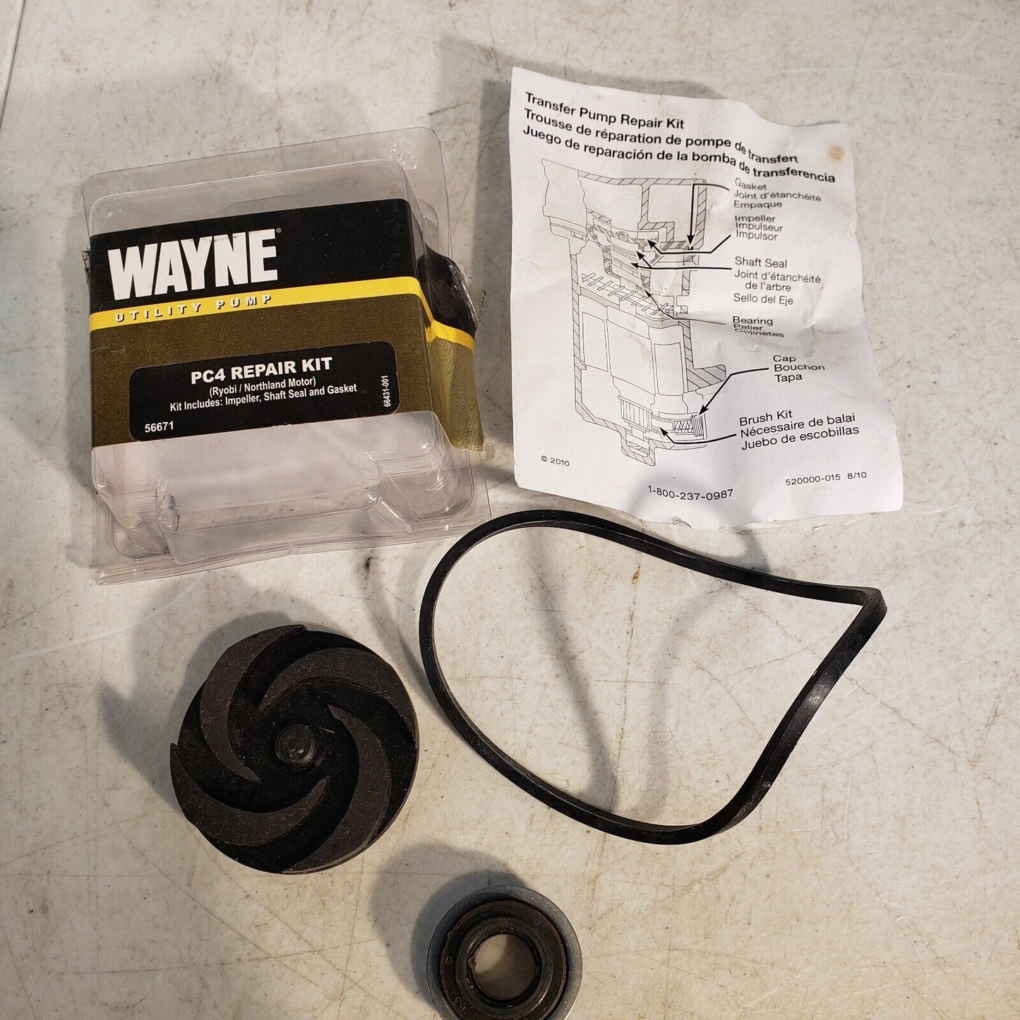 Wayne PC4 Repair Kit Utility Pump, Ryobi Northland Motor, Impeller, Shaft Seal