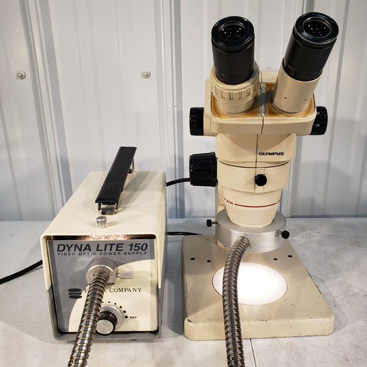 Olympus SZ40 Microscope w/ Dyna Lite 150 Fiber Optic Ring Light Power Supply